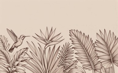 Fototapeta premium Hummingbird flies among tropical leaves and exotic flowers in elegant