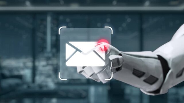 A robotic hand interacts with an email icon in a sleek office, symbolizing the merging of technology and communication in a digital age. Auvana