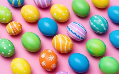 Colorful Easter eggs with polka dots and snowflake designs on a pink