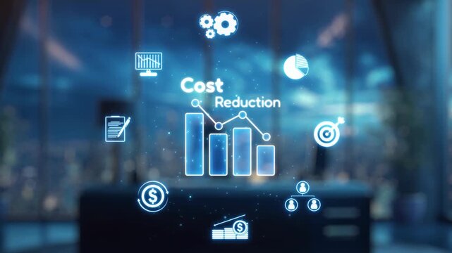 A dynamic robotic arm points to cost reduction visuals, highlighting the integration of technology in financial analysis and modern business strategies within an office environment. Auvana