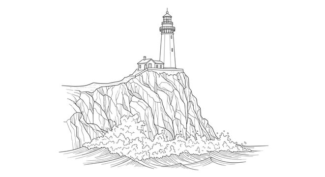A minimalist line art illustration of a lighthouse on a rocky cliffside