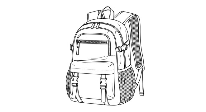 A minimalist line art illustration of a backpack on a plain white background
