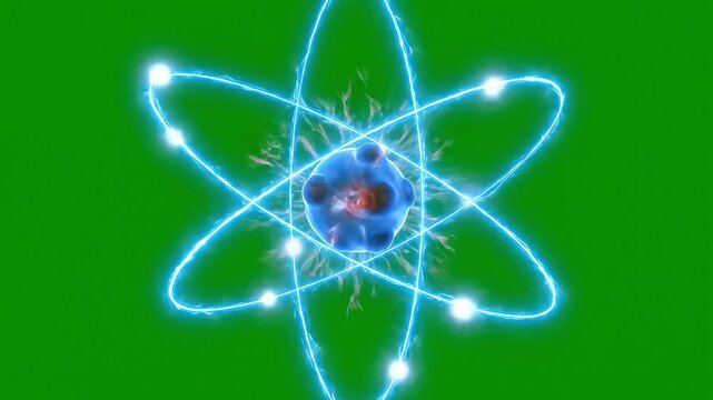 3D Animated Atomic Structure with Glowing Electrons on Green Screen