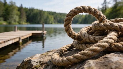 Fototapeta premium Nautical thick hemp rope coiled on rock, rustic wooden pier on calm lake background, natural outdoor landscape with forest and water
