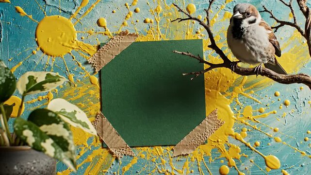 Vibrant mixed-media collage with a central green square surrounded by splashes and a perched bird