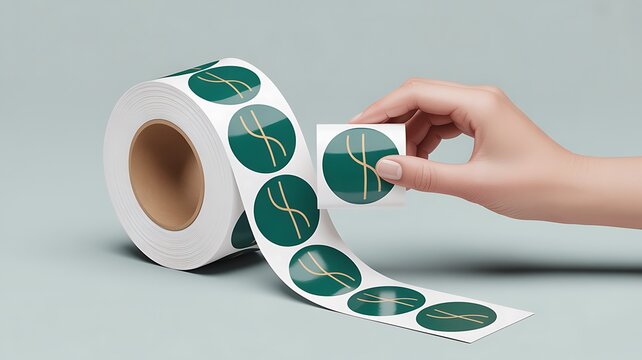 Hand pulling green branded sticker from roll