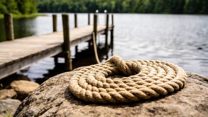 Fototapeta premium Nautical hemp rope coiled on rock by lake, rustic wooden dock on calm water, serene outdoor landscape with natural textures and forest background