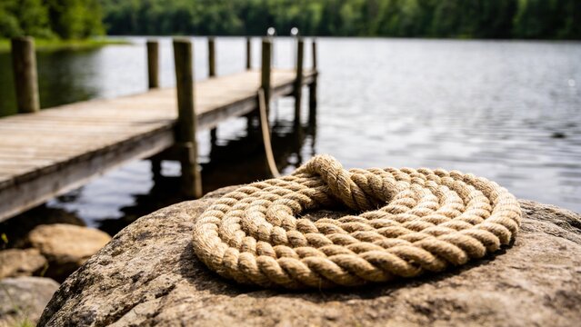 Nautical hemp rope coiled on rock by lake, rustic wooden dock on calm water, serene outdoor landscape with natural textures and forest background