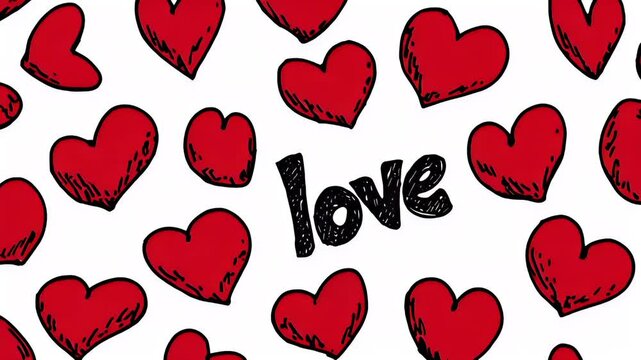 Romantic love theme for Valentines Day. A vibrant red heart pattern with the word love written in black against a white background, creating a striking contrast.