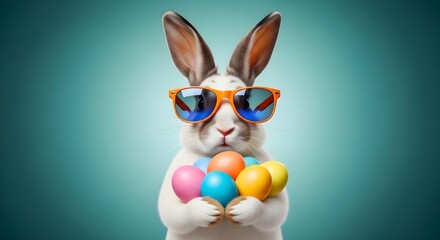 Fototapeta premium Easter bunny wearing sunglasses holding colorful eggs