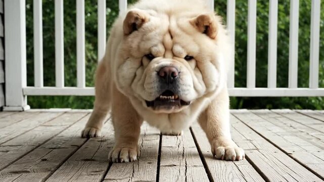 A fluffy chow chow dog appears to attack on a weathered wooden deck