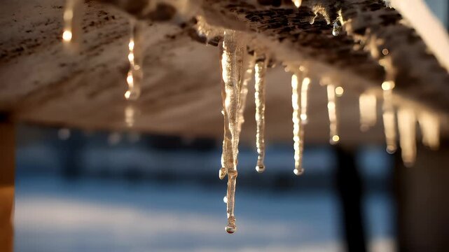 Spring snow ice thaw, end of Winter Season, hope, fresh start. Icicles hanging from the side of a house, illuminated by the warm glow of the setting sun. The icicles glisten in the light.