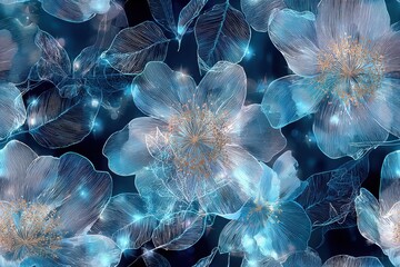 Obraz premium Elegant, chic, vintage seamless repeatable pattern featuring blooming translucent icy white flowers with blue undertones