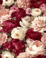 Luxurious vintage seamless repeatable pattern featuring large, fully bloomed peonies and roses
