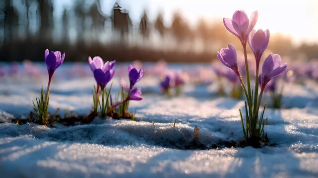 Spring snow ice thaw, end of Winter Season, hope, fresh start. Purple crocuses in the snow at sunset, with a shallow depth of field focusing on the flowers and the snow. The background is blurred.