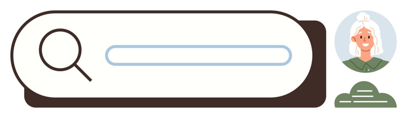 Obraz premium Online search, user identity, digital navigation, profile customization, interface design, user interaction. A search bar with a magnifying glass and an avatar profile icon. Online search and user
