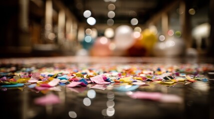 Colorful Confetti Scattered on a Polished Floor Surface with Bokeh Lights
