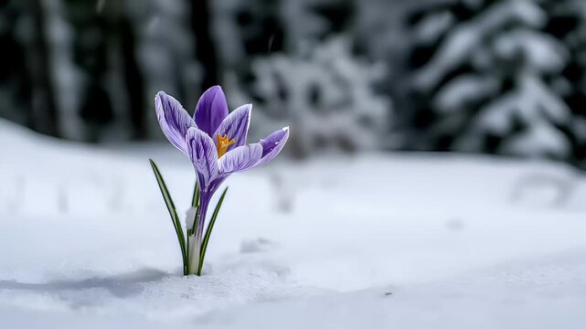 Spring snow ice thaw, end of Winter Season, hope, fresh start. A vibrant purple crocus in the snow, its delicate petals contrasting against the pristine white backdrop.