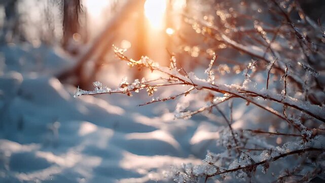 Spring snow ice thaw, end of Winter Season, hope, fresh start. A winter scene with snowcovered branches illuminated by the setting sun, creating a serene and tranquil atmosphere.