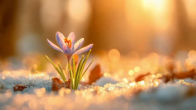 Spring snow ice thaw, end of Winter Season, hope, fresh start. A vibrant pink crocus flower in the snow illuminated by the golden light of the rising sun.