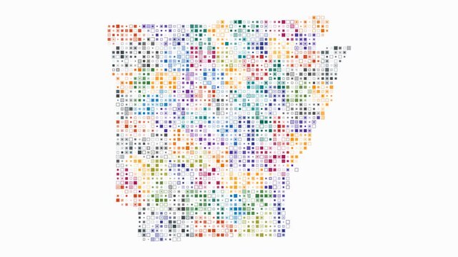 Arkansas animated shape. Pulsating colored dots on the map of the state. Small size square blocks. Digital style Arkansas map on white background. Creative animation video.