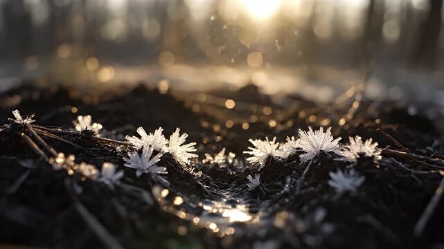 Hoarfrost subliming on dark forest soil macro in warm early spring light revealing rich earth