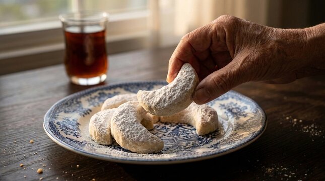 Traditional Putri Salju cookies with powdered sugar topping being picked by a hand.