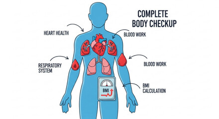 Complete body checkup infographic with human body anatomy and health check points
