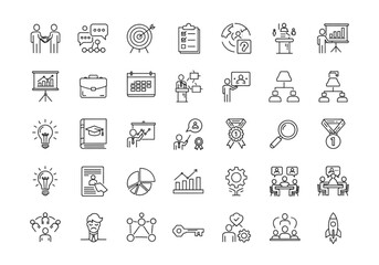 Large business and management icon set, thin line style for corporate leadership, strategy, and teamwork concepts