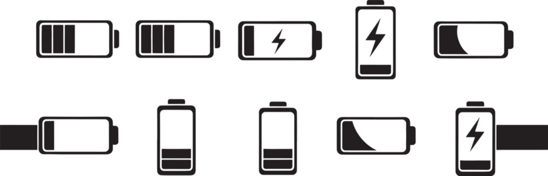 Ten black and white battery with various charge levels and symbols lightning empty