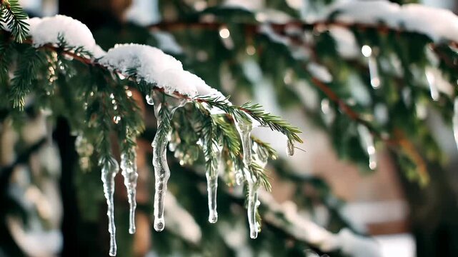Spring snow ice thaw, end of Winter Season, hope, fresh start. A closeup of a pine tree branch covered in snow, with icicles hanging from it. The snow is pristine white.
