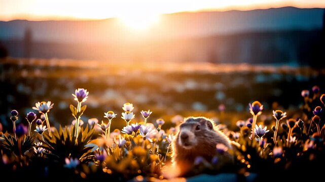 Spring snow ice thaw, end of Winter Season, hope, fresh start. A closeup of a groundhog in a field of flowers at sunset, with a blurred background. The groundhog is the main subject.