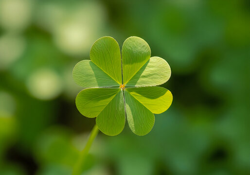 A green four leaf clover on a blurred green background