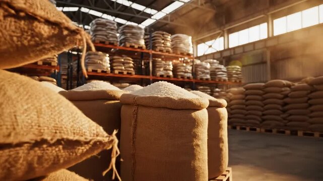 Open and closed sacks filled with raw white rice stacked in a large agricultural warehouse. Global food supply, trade, and storage concept.