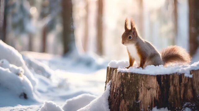 Spring snow ice thaw, end of Winter Season, hope, fresh start. A squirrel perched atop a snowcovered tree stump in a winter forest. The squirrel is surrounded by a blanket of snow.