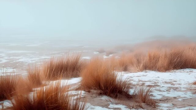 Spring snow ice thaw, end of Winter Season, hope, fresh start. A winter landscape with snowcovered sand dunes and grasses, illuminated by a soft, ethereal light. The background is blurred.