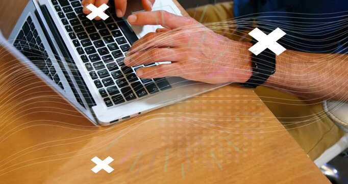 Man placing fingers then typing on laptop, with wavy overlays highlighting keystrokes for business