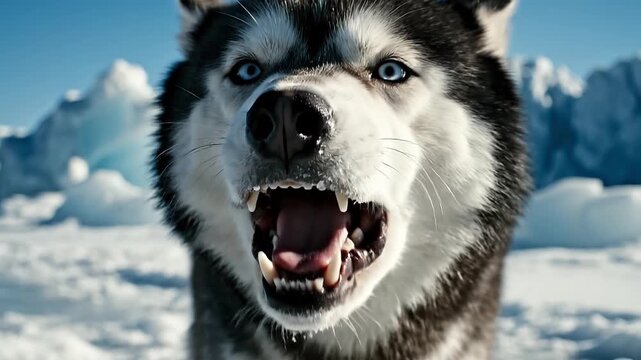 A snarling husky dog attacks with mouth open in a snowy mountain landscape