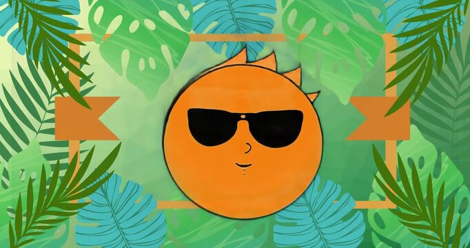Vertical video: Animating sun rotating, bobbing, shifting mouth in tropical foliage with sunglasses