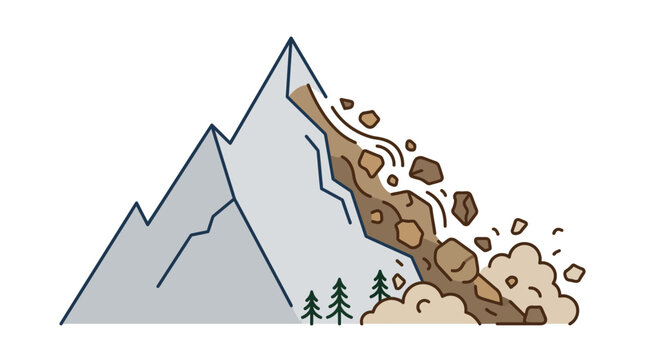 Minimal outline vector of a landslide falling from a mountain, natural disaster concept, simple flat design, clean lines, limited solid colors