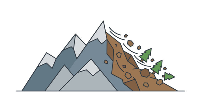 Minimal outline vector of a landslide falling from a mountain, natural disaster concept, simple flat design, clean lines, limited solid colors