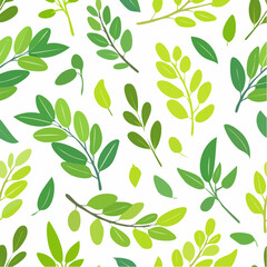 Wz&oacute;r botaniczny z zielonymi liśćmi i gałązkami na białym tle, idealny do projekt&oacute;w ekologicznych.
