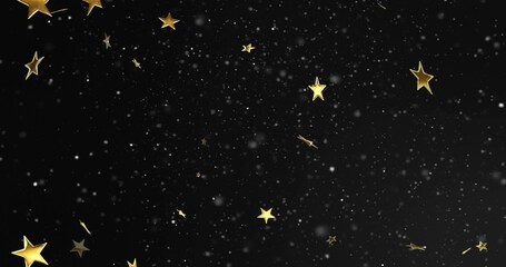 Naklejka premium Metallic gold stars floating across deep black backdrop with white particle specks and halo glow