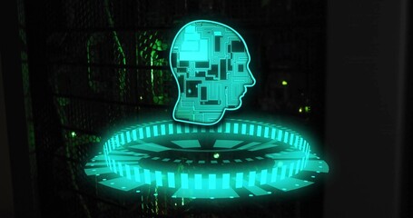 Hovering cyan hologram head showing circuit pattern above circular platform at rack with green LEDs