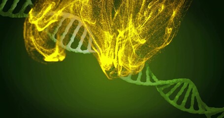 Fototapeta premium Showing green double-helix DNA strand glowing and emitting yellow particle cloud in abstract studio