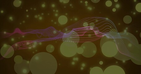 Flowing colorful dotted waveform ribbon moving across olive gradient, with green bokeh, particles © vectorfusionart