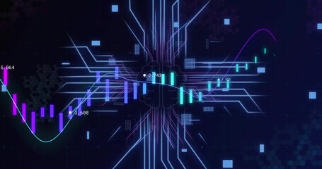 Displaying brain silhouette with circuit traces in data dashboard showing candles neon line markers