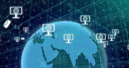 Obraz premium Showing stylized Earth globe rotating in network, with floating monitor icons showing globe symbols