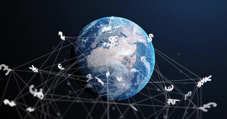 Fototapeta premium Floating Earth globe showing continents and clouds in space, with thin web linking currency symbols