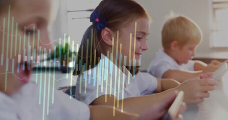 Central student white shirt blue bow tapping handheld device in classroom with overlaid charts © vectorfusionart